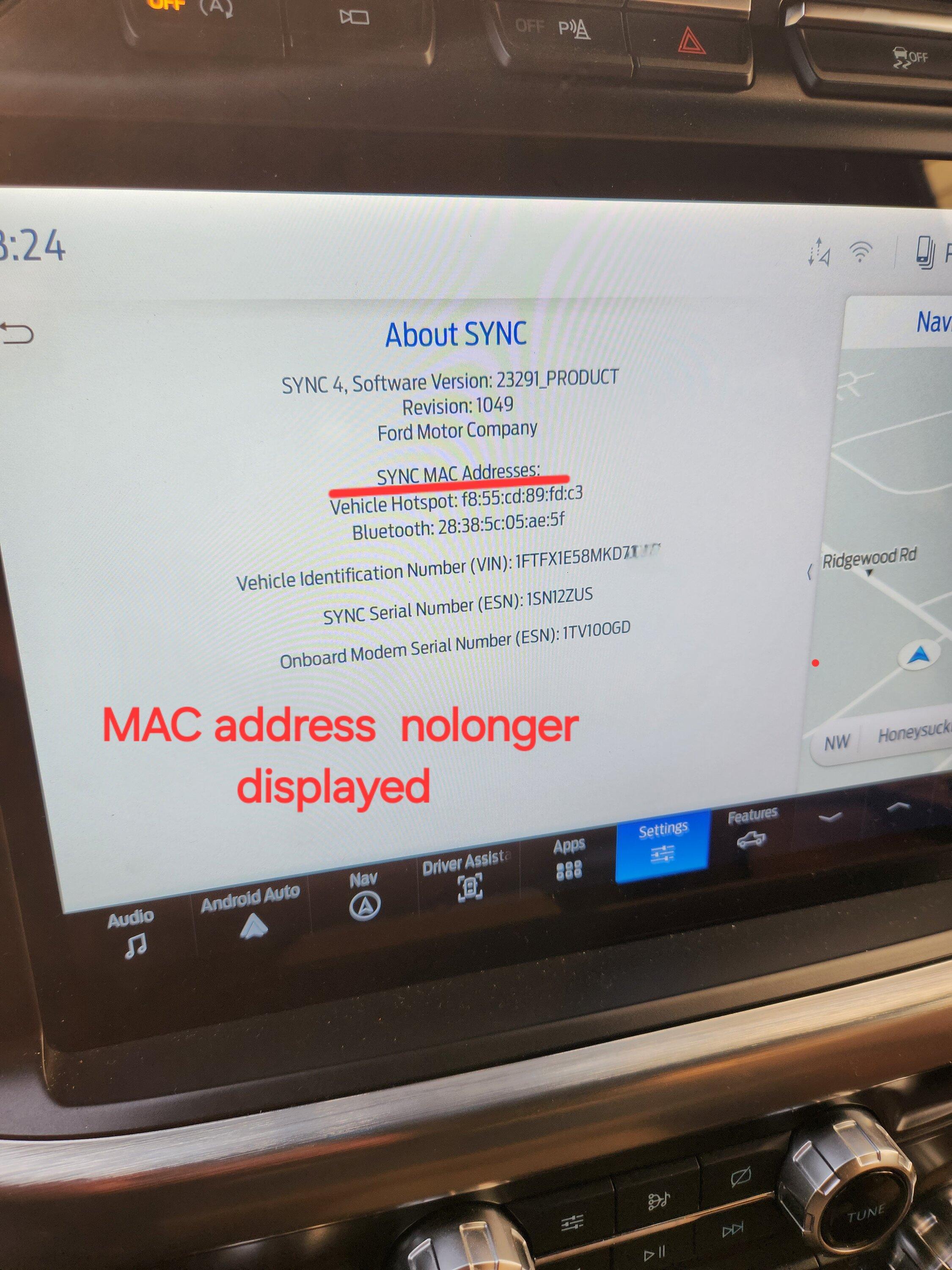 Ford F-150 MAC addresses are no longer displayed in About SYNC 20231201_082403