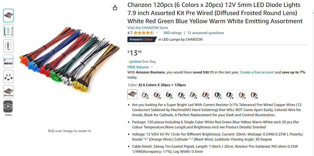  Chanzon 120pcs 12V 5mm LED Diode Lights 7.9 inch Pre