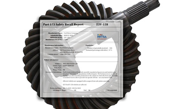 Recall: Fracturing Front Axle Pinion on 2023 Ford F-150, 4x4s. May Cause Front Wheels to Lock Up