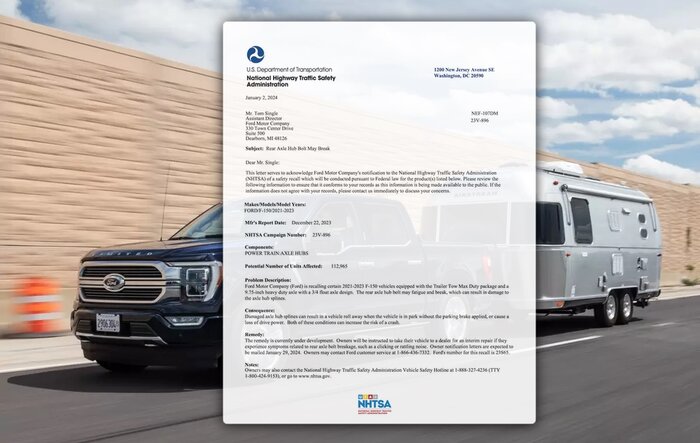 NHTSA Safety Recall (23V-896) on 113,000 F-150 Trucks with Trailer Tow Max Duty Package